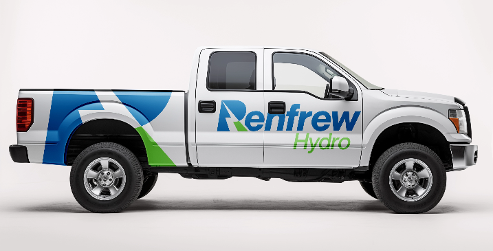 Renfrew Hydro branded vehicle wrap — fleet branding showcasing the refreshed logo and colour palette